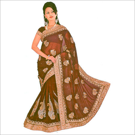 Fancy Party Wear Sarees - Silk Blend, 5.5 Meters, Brown | Hand-Stitched Embroidery, Elegant Design, Customizable Size