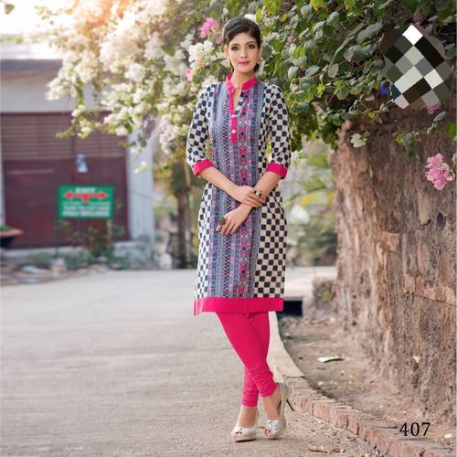Cotton Kurti - Cotton, Knee-Length, White, Checked | Soft Cotton, Stylish Design, Comfortable Fit, Breathable Fabric