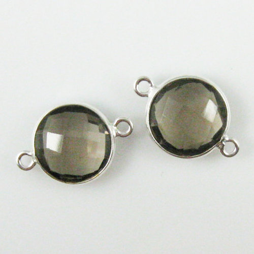 Smoky Quartz Coin Connectors - 20mm Bezel Gemstone Links | Sterling Silver, Natural Brown Round Brilliant Cut Quartz