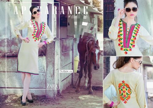 Cotton Kurti - Knee Length Off-White Cotton, V-Neck, Three-Quarter Sleeve, Embroidered, Soft Comfortable Fit