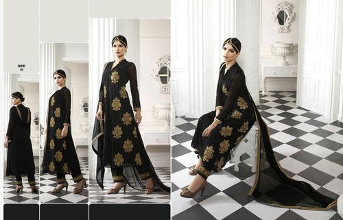 Georgette Long Salwar Suits - Georgette Fabric, Black, Long Length | Elegant Floral Embroidery, Anarkali Style, Comfortable Fit, Unique Patterns