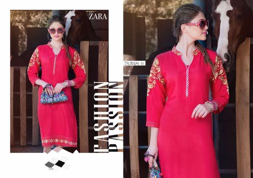 Cotton Kurti - Knee-Length Pink, V-Neck, Three-Quarter Sleeve | Floral Embroidery, Soft Fabric, Comfortable Fit, Stylish Design