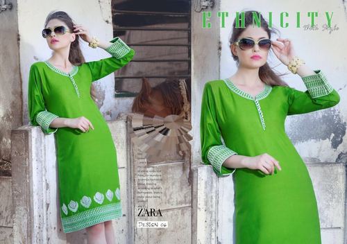 Cotton Kurti - Knee-Length Green, Three-Quarter Sleeves | Minimal Embroidery, Comfortable, Stylish, Breathable