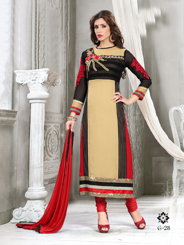 Fancy Designer Exclusive Latest Georgette Salwar Suit - Semi Stitch, Black Red Cream, Full Sleeve, Embroidered, Laces Decoration | Dry Clean, Quick Dry, Traditional Ethnic Wear