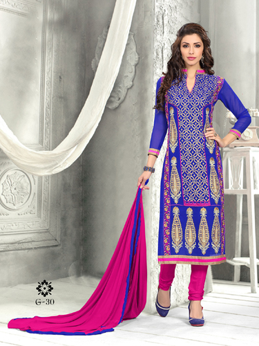Fancy Designer Exclusive Latest Georgette Salwar Suit - Semi Stitch, Size L/M/XL, Blue and Pink, Full Sleeves, Printed Pattern | Dry Clean Only, Quick Dry, No Fade, Washable