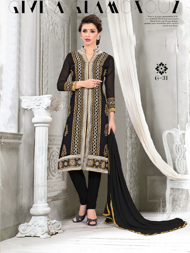 Fancy Designer Exclusive Latest Georgette Salwar Suit - Fabric: Nazneen Dupatta, Georgette Top, Santoon Silk Bottom, Color: Black | Features: Laces, Full Sleeves, Embroidered, Breathable, Washable