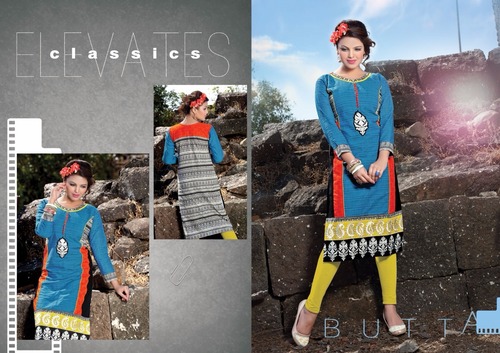 Cotton Kurti - Knee-Length Blue, Three-Quarter Sleeve | Soft Cotton, Embroidered, Comfortable Fit, Stylish Design