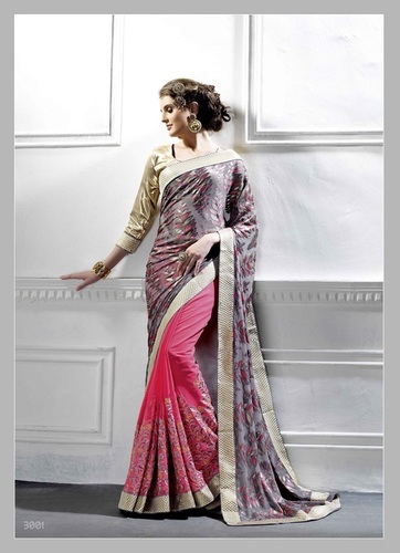 Fancy Designer Stylish Latest Georgette Embroidery Work Saree - Pallu: Brasso, Body: Georgette, Size: 5.50 Meter, Blouse: 0.75 Meter | Color: Peach and Grey, Occasions: Party Wear, Style: Bollywood, Season: All Year