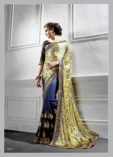 Fancy Designer Stylish Latest Georgette Embroidery Work Saree - Fabric: Brasso & Georgette, Pallu: Embroidered, Size: 5.50 Meter, Color: Yellow & Blue, Blouse: 0.75 Meter, Occasion: Party Wear