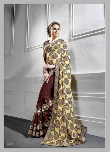 Fancy Designer Latest Saree - Brasso Pallu, Georgette Body, 5.50 Meters | Multi Embroidery Work, Heavy Border, Party Wear Style