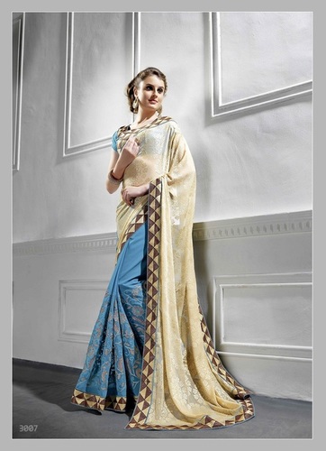 Fancy Designer Stylish Latest Georgette Embroidery Work Saree - Brasso Pallu, Georgette Body, 5.50 Meter | Cream and Blue, Party Wear, Bollywood Style, Multi Chain Embroidery with Heavy Border