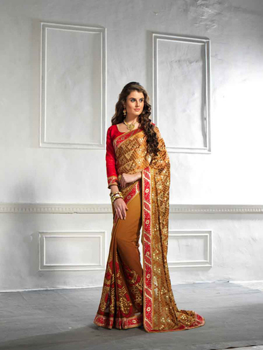 Fancy Designer Saree - Brasso Pallu, Georgette Body, 5.50 Meter Length | Maroon and Golden with Fancy Multi Embroidery and Heavy Border for Party Wear