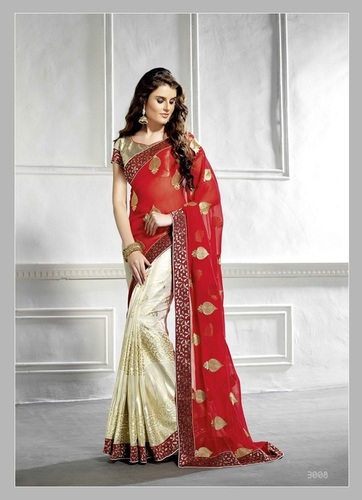 Fancy Designer Stylish Latest Georgette Embroidery Work Saree - Pallu: Brasso, Body: Georgette, Size: 5.50 Meter, Color: Red & White | Occasion: Party Wear, Style: Bollywood, Season: All Year Round