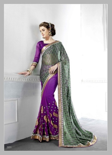Fancy Designer Stylish Latest Georgette Embroidery Work Saree - Fabric: Brasso Pallu, 5.50 Meter Georgette Body, 0.75 Meter Dhupian Blouse, Color: Green & Purple, Occasion: Party Wear