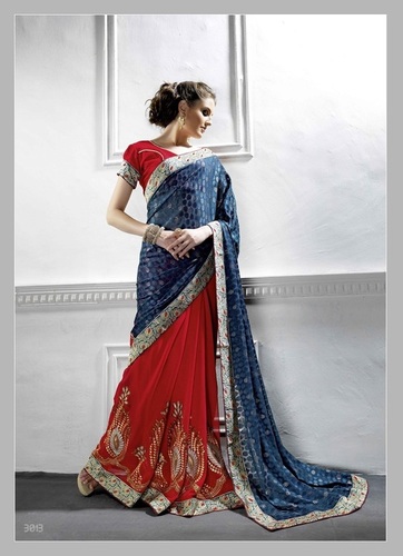 Fancy Designer Stylish Latest Georgette Embroidery Work Saree - Brasso Pallu, 5.50 Meter Length, Red and Blue, Party Wear, Multi Embroidery With Heavy Border