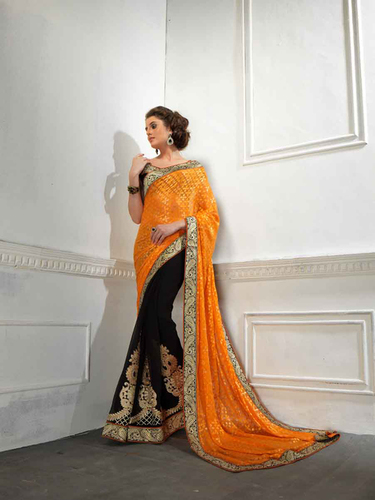 Fancy Designer Stylish Latest Georgette Embroidery Work Saree - Unstitched 5.50 Meter with Brasso Pallu, Elegant Yellow and Black Colors, Perfect for Party Wear