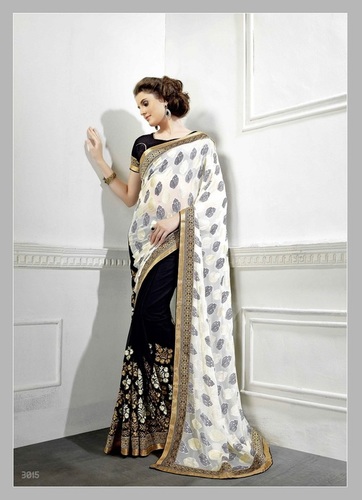 Fancy Designer Stylish Latest Georgette Embroidery Work Saree - Unstitched 5.50 Meter with 0.75 Meter Dhupian Blouse, Black & White | Multi Embroidery, Heavy Border, Party Wear