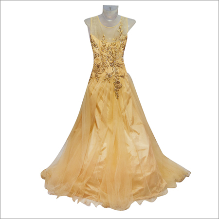 Back View Bridal Western Dress - Net Fabric, Customizable Size, Gold Color | Elegant Design, Fine Gold Thread Embroidery, Slim Fit Waist
