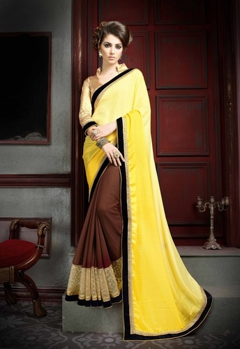 Designer Party Wear Exclusive Saree - Silky Jacquard Pallu, Georgette Body, Yellow and Brown Color with Fancy Multi Embroidery and Heavy Jacquard Border