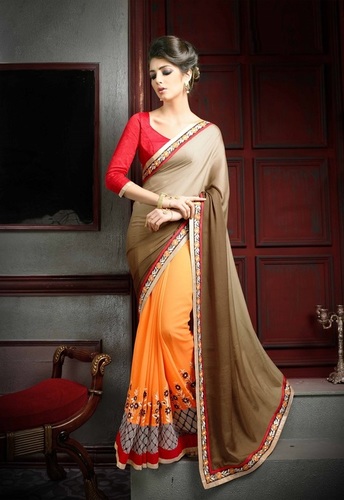 Designer Fancy Latest Party Wear Multi Color Georgette Saree - Fabric: Rassal Net Pallu, Georgette Body, Dhupian Blouse | Multi Embroidery, Heavy Jacquard Border, Size: 5.50m Saree, 0.75m Blouse