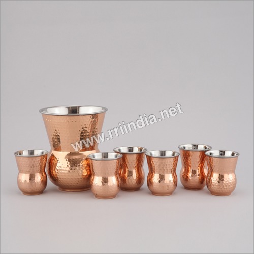 Copper Hammered Mugs & Ice Bucket Set - Round Shape Copper Color | Rust-Free Matt Finish Attractive Design Traditional Indian Aesthetic