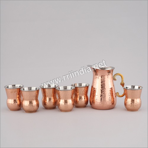 Copper Hammered Mugs & Jug Set - Copper, Round Shape | Elegant Design, Anti-Corrosive, Mirror Finish