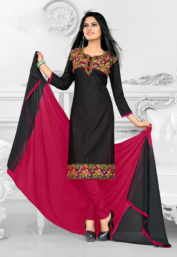 Black Red Cotton Embroidered Ethnic Salwar Suit - Cotton Top & Bottom, Chiffon Dupatta 2.25m | Soft Fabric, Elegant Embroidery, Party Wear