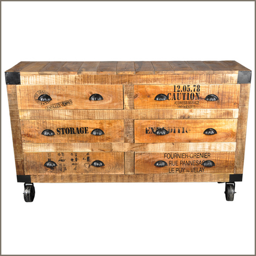 Reclaimed Wood Mobile Drawer Unit - 72x36x30 inches, Natural Finish, Metal Handles, Industrial Style