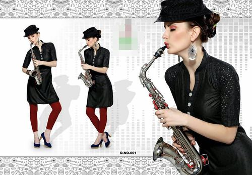 Latest Party Wear Kurtis - Cotton Blend, Knee-Length, Black | Stylish Design, Comfortable Fit, Collared Neckline, Half Sleeves