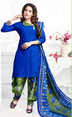Blue Cotton Printed Punjabi Salwar Suit