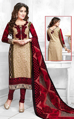 Red Beige Cotton Printed Bridal Wear Salwar Suit