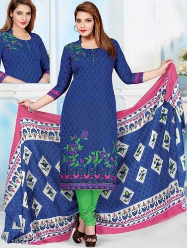 Blue Green Cotton Printed Evening Wear Salwar Suit