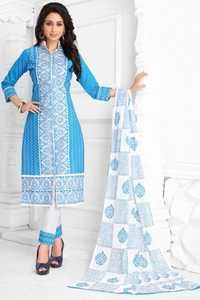 Blue White Cotton Embroidered Bridal Wear Salwar Suit