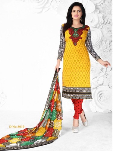 Yellow Red Synthetic Printed Salwar Suit