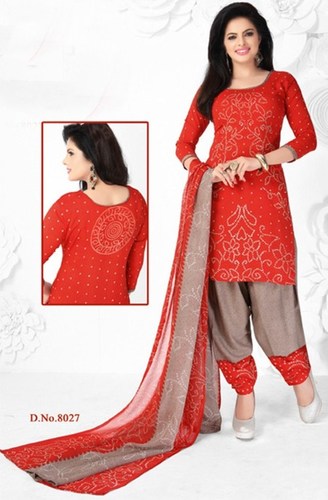 Red Synthetic Printed Salwar Suit