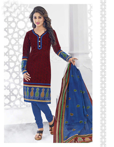 Red Blue Cotton Printed Evening Wear Salwar Suit