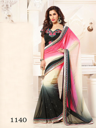 Designer Fancy Stylish Latest Exclusive Party Wear Georgette Saree - Fabric: Georgette, Size: 5.50 Meters, Color: Gray, Pink, Cream | Work Type: Thread Work, Unstitched Blouse: Raw Silk 0.75 Meter