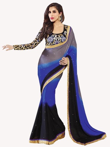 Designer Fancy Stylish Latest Exclusive Party Wear Georgette Saree - Fabric: Georgette & Satin, Size: 5.5m Saree & 0.75m Blouse, Color: Blue & Gray, Work Type: Threadwork, Beads & Stone Work