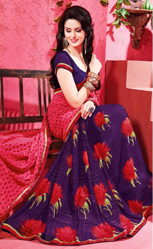 Blue Red Chiffon Lace Work Saree