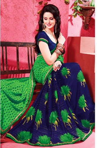 Blue Green Chiffon Lace Work Evening Wear Saree