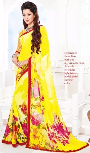 Yellow Chiffon Lace Work Daily Wear Saree