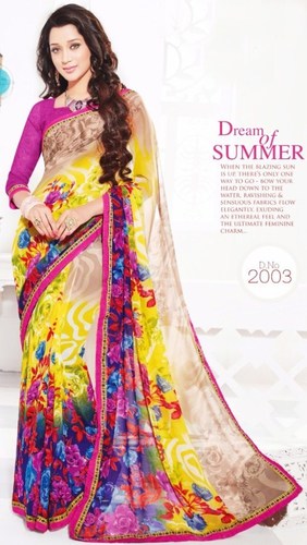 Pink Yellow Chiffon Lace Work Saree