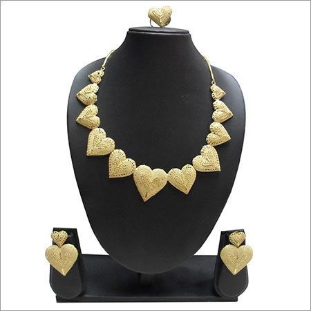 Gold Plated Designer Necklace Set - 16-18 Inch Length, Heart Pendant 10-15mm, Earring Size 8-12mm, Elegant Stylish Accessory