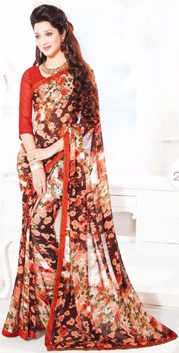 Orange Black Chiffon Lace Work Light Weight Saree
