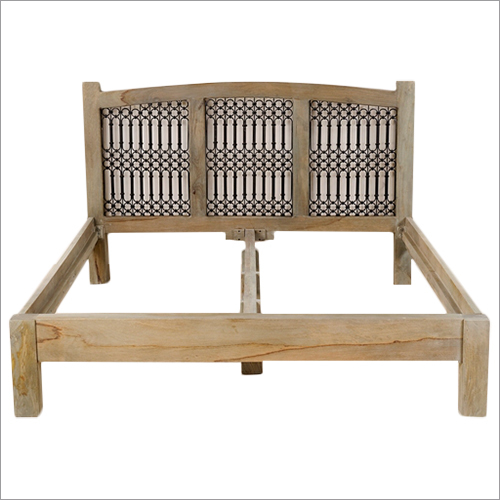 Jali Bed - Mango Wood, 168x218x105 cm, Light Brown | Wooden Frame, Intricate Design, Durable, Stylish