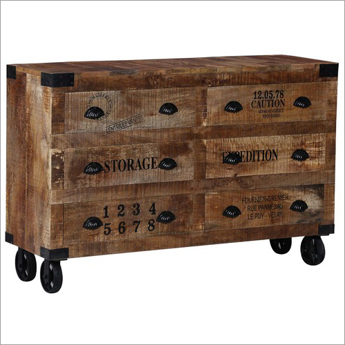 Reclaim 6 Drawers Sideboard on Wheels - Mango Wood & Iron Frame, 125x40x80 cm | Ample Storage, Mobile Unit, Industrial Look, Lacquer Finish