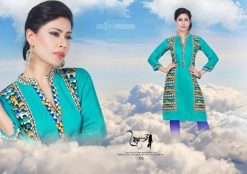 Cotton Kurtis - Cotton, Knee-Length, Teal, V-Neck, Long Sleeves | Soft Cotton, Comfortable Fit, Stylish Design, Durable Fabric