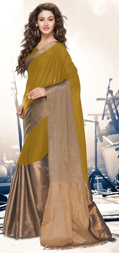 Green Gold Cotton Blend Saree with Zari border