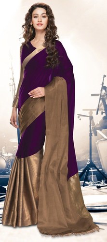 Purple Gold Cotton Blend Saree with Zari border