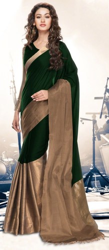 Green Gold Cotton Blend Saree with Zari border